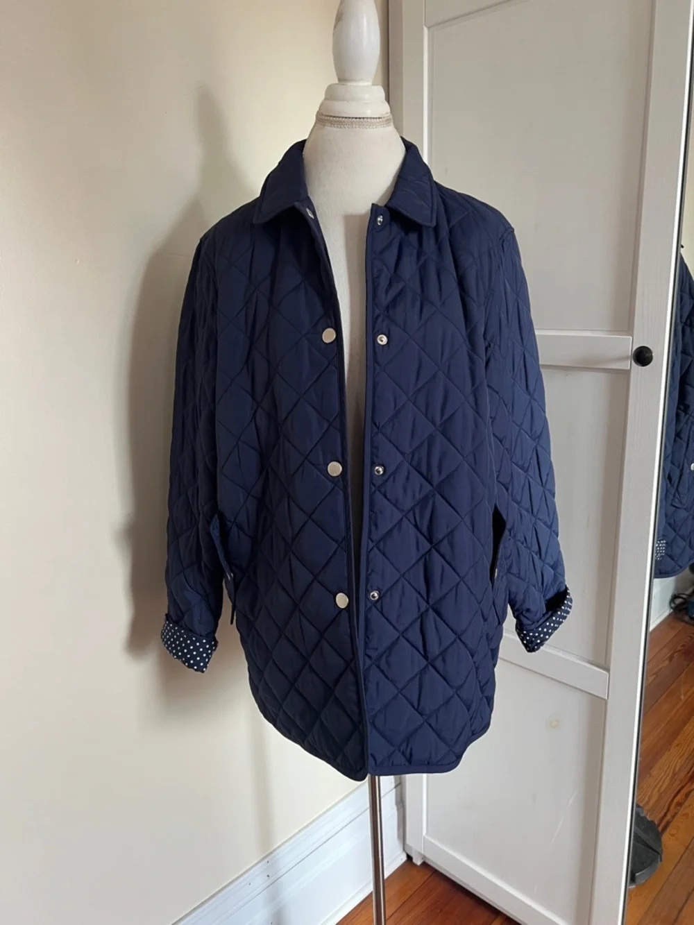 Jones New York Signature Navy Quilted Preppy Nautical Jacket L Polka Dot Lining